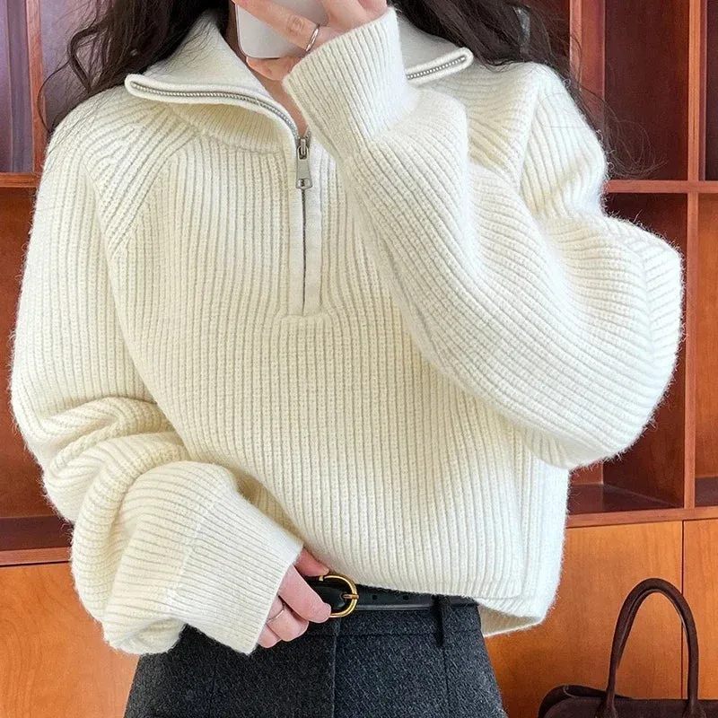 Aiertu Autumn Winter Zipper Sweaters Women Solid Color High Neck Knitted Pullover Solid Red Loose Turndown Collar Women's Turtleneck