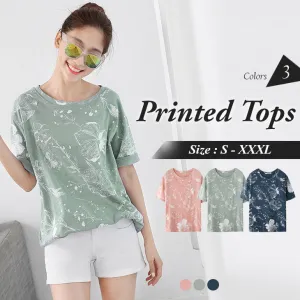 BAMBOO COTTON PRINTED ROUND NECK LOOSE TOPS