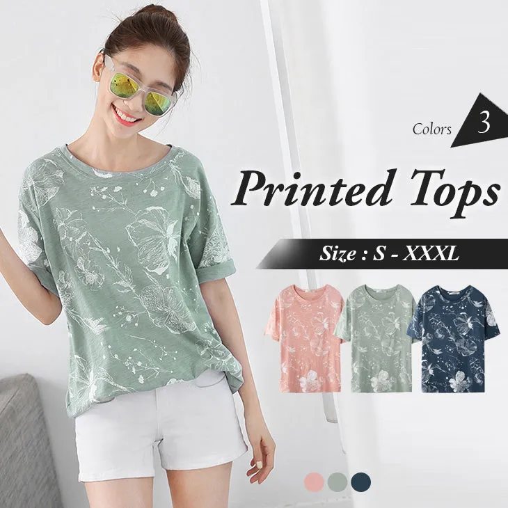 BAMBOO COTTON PRINTED ROUND NECK LOOSE TOPS