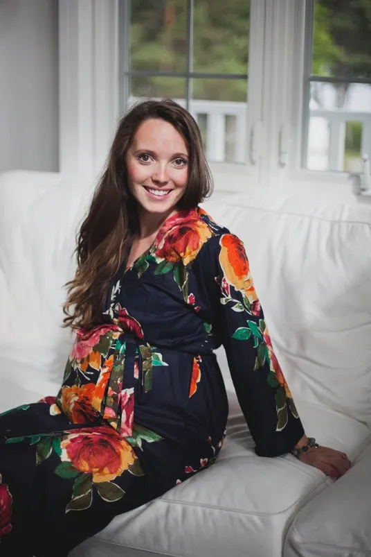 Black Big Floral Ankle length Maternity Robe