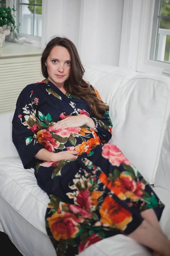 Black Big Floral Ankle length Maternity Robe