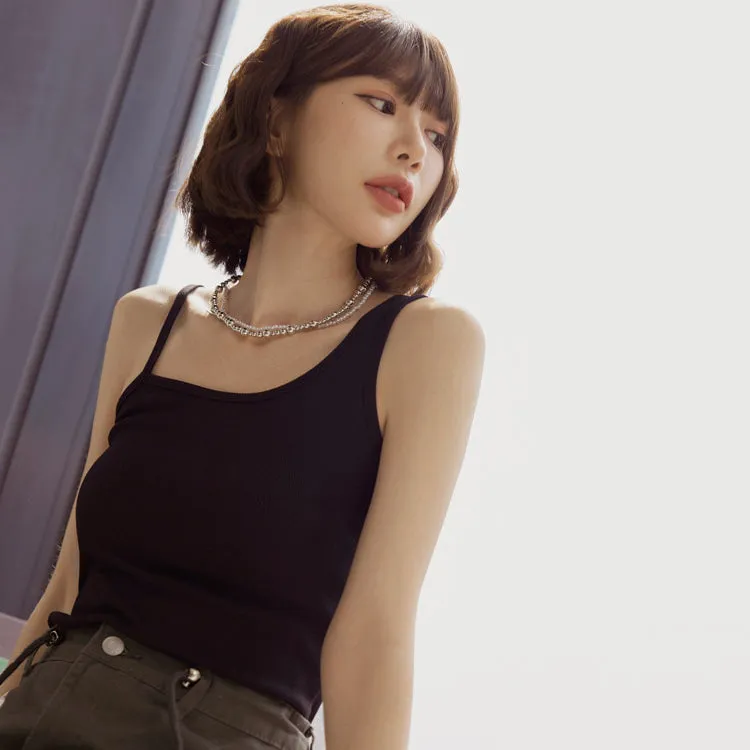Casual Basic Solid One Shoulder Strap Tank Top