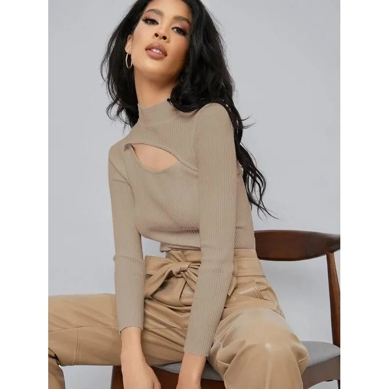 Cut Out Detail Rib Knit Sweater