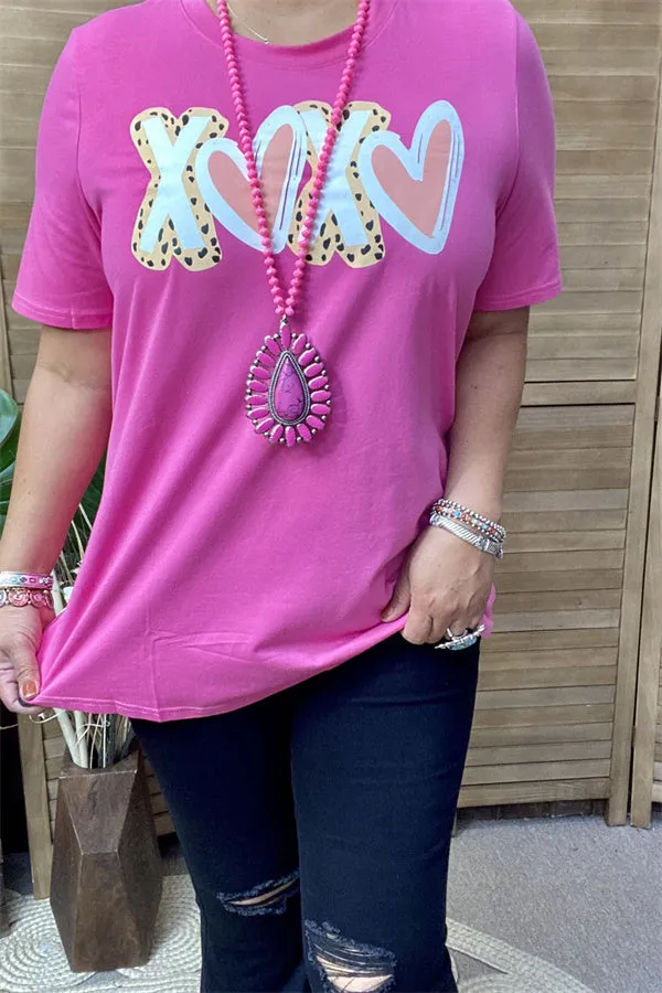 DLH10438 "XX" leopard&heart printed short sleeve pink women tops for valentine holiday