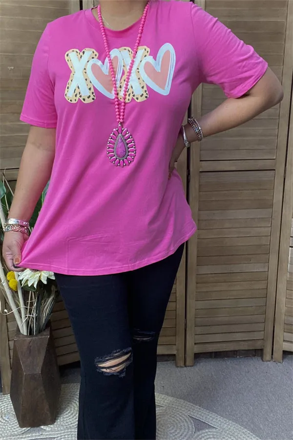 DLH10438 "XX" leopard&heart printed short sleeve pink women tops for valentine holiday