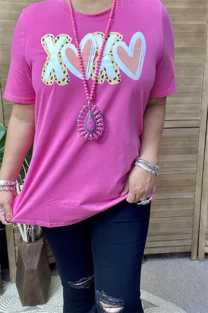 DLH10438 "XX" leopard&heart printed short sleeve pink women tops for valentine holiday