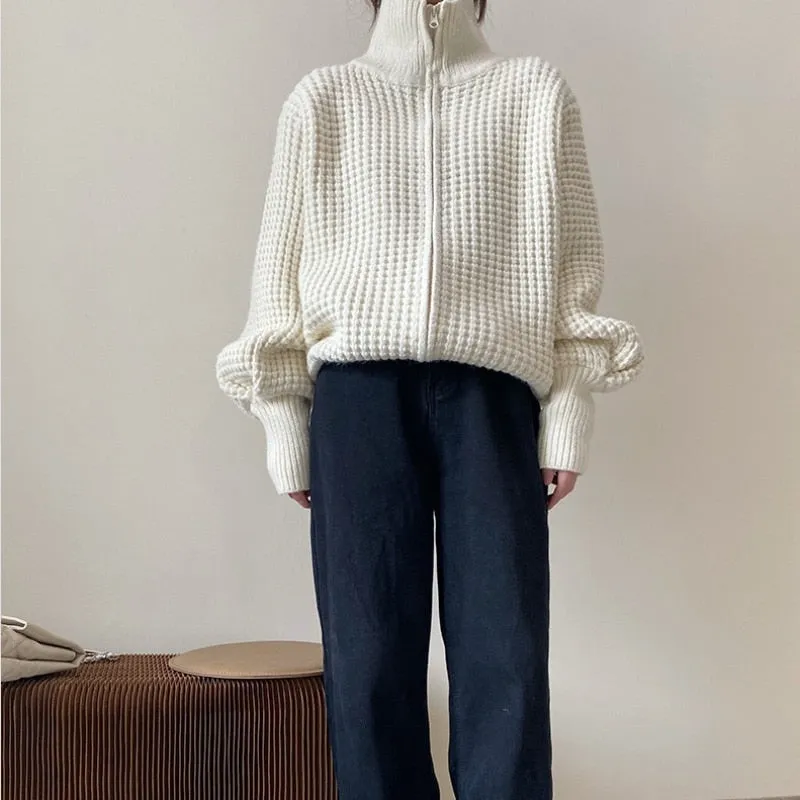 FashionKova Knitted Turtleneck Sweaters Women Solid Chic Cardigan Coat Long Sleeve Tops Korean Fashion Zipper Hoodie Pull Femme