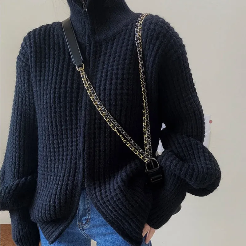 FashionKova Knitted Turtleneck Sweaters Women Solid Chic Cardigan Coat Long Sleeve Tops Korean Fashion Zipper Hoodie Pull Femme