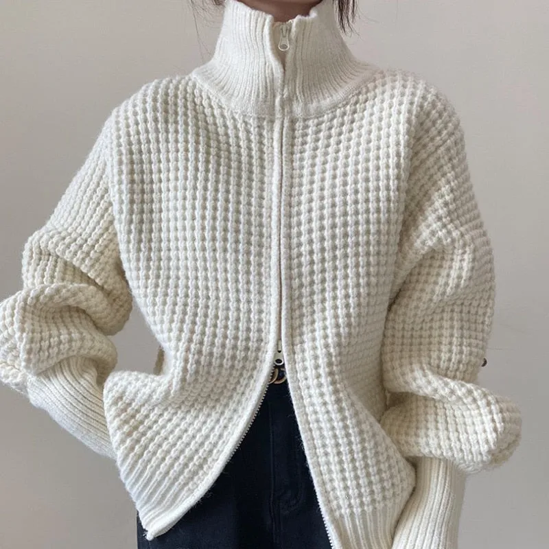 FashionKova Knitted Turtleneck Sweaters Women Solid Chic Cardigan Coat Long Sleeve Tops Korean Fashion Zipper Hoodie Pull Femme