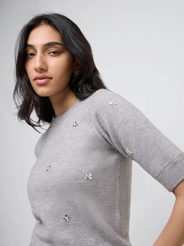 LOV Grey Floral Embellished Knitted Sweater