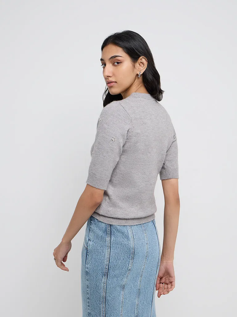 LOV Grey Floral Embellished Knitted Sweater