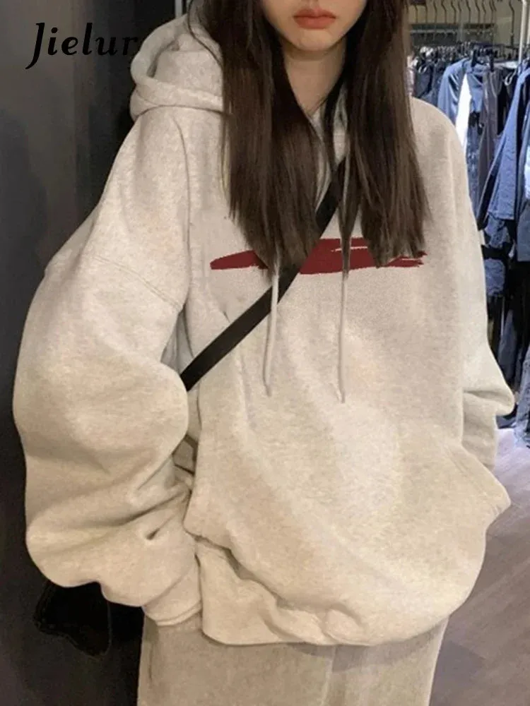 Metaversmall Basic Hooded Chic Drawstring Loose Women Hoodies Fashion Print Office Ladies Simple Pocket Casual 4-colors Female Hoodies