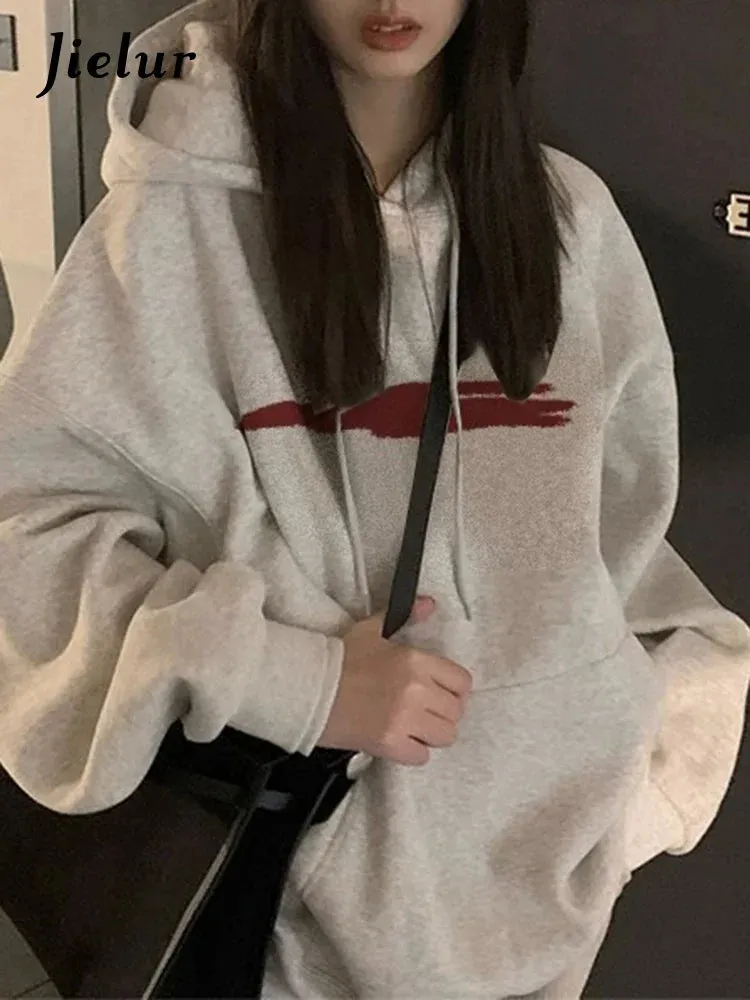 Metaversmall Basic Hooded Chic Drawstring Loose Women Hoodies Fashion Print Office Ladies Simple Pocket Casual 4-colors Female Hoodies