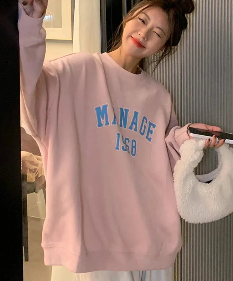 Metaversmall Loose O-neck Korean Hoodies Women Sweatshirt Street Casual Top Female Letter Pink Apricot Yellow Pullover High Quality