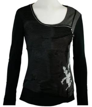 Orly Clothing - Horizontal Stripes, Cross Over Crew, Gathered Top, Trimmed Scoop Neck