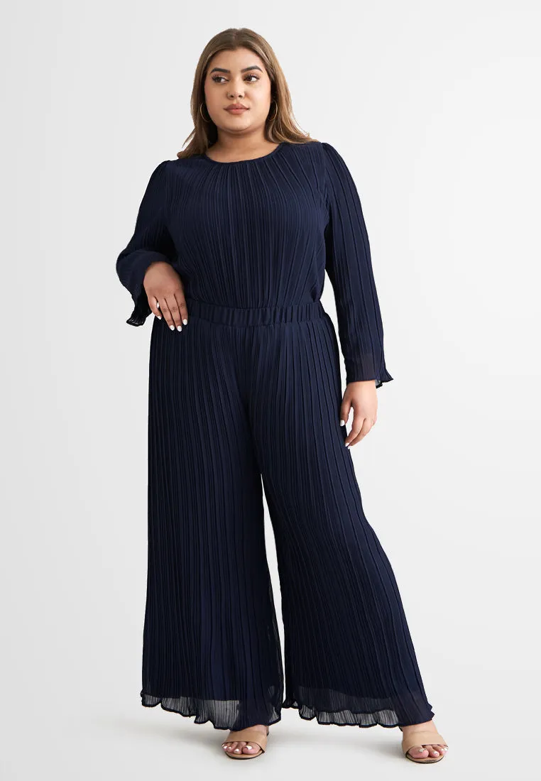 Pearly Chiffon Pleated Pants Set - Navy Blue