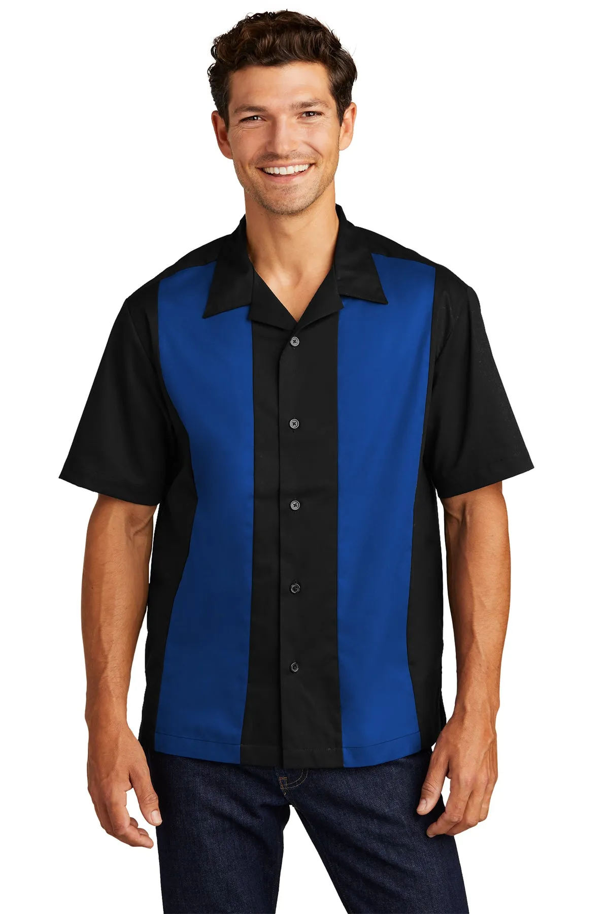 Port Authority Retro Branded Camp Shirts, Black/Royal