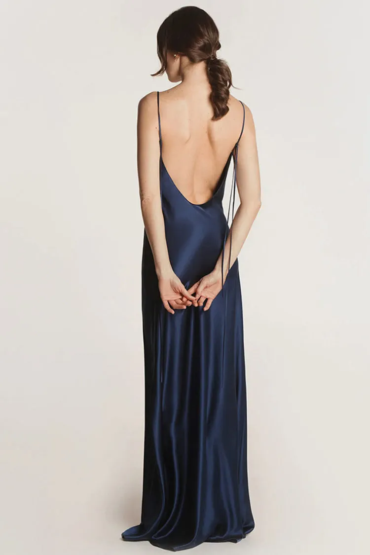 Quiet Luxury Solid Open Back Spaghetti Strap Summer Silk Slip Maxi Dress