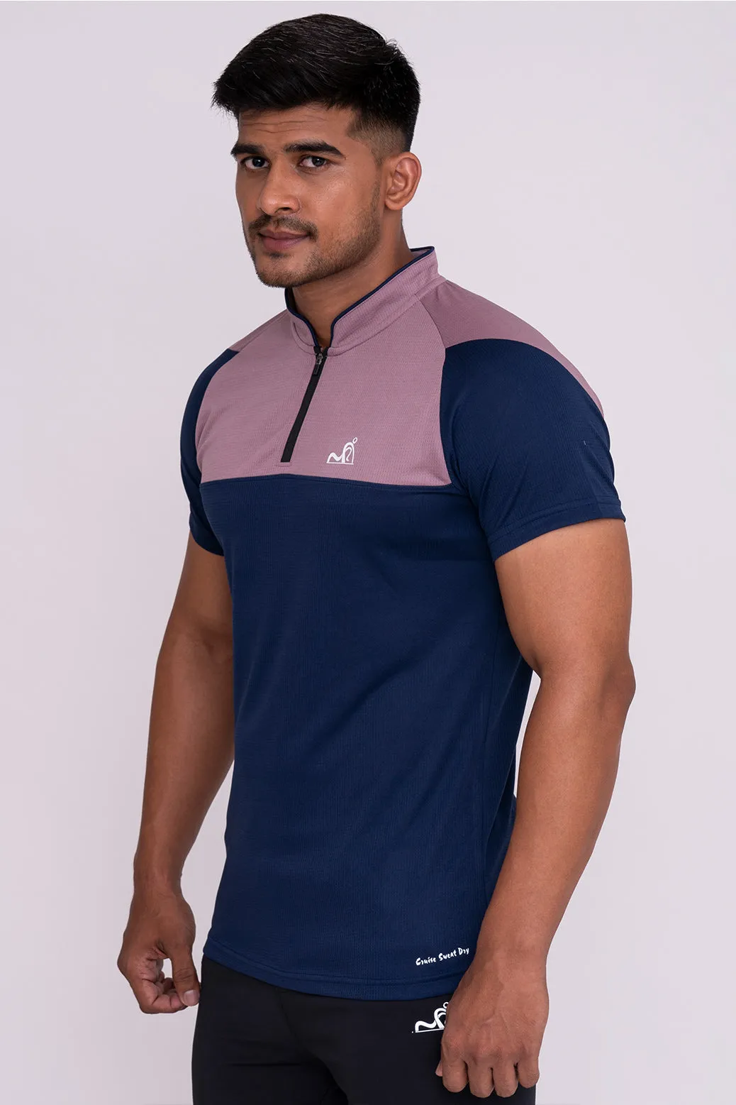 Stand Neck Semi Collar T-Shirts Navy Peach