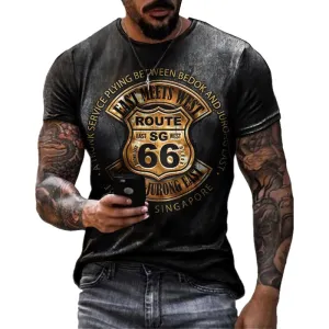 Summer Men's T Shirts Oversized Loose Clothes Vintage Short Sleeve Fashion America Route 66 Letters Printed O Collared T shirts
