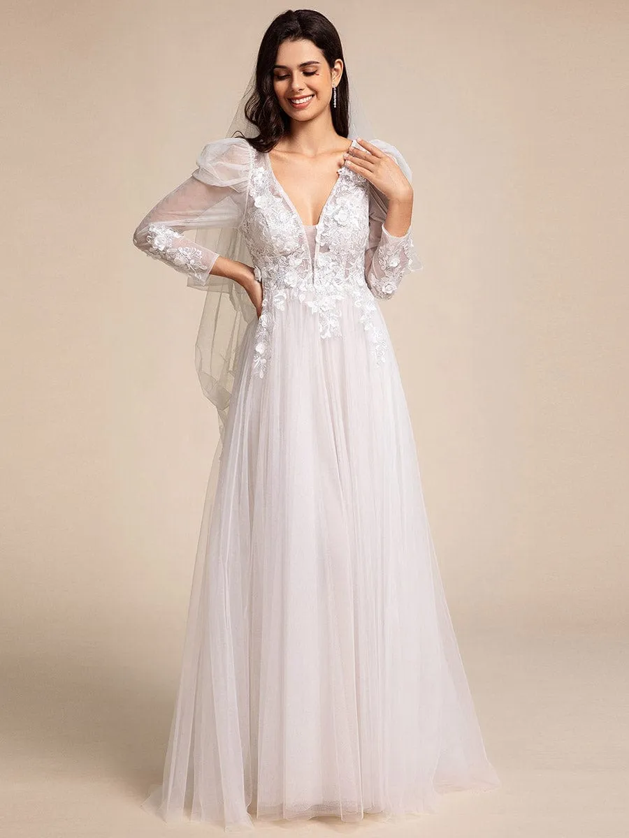 V Neck Leg of Mutton Sleeves Applique See-Through Wedding Dress