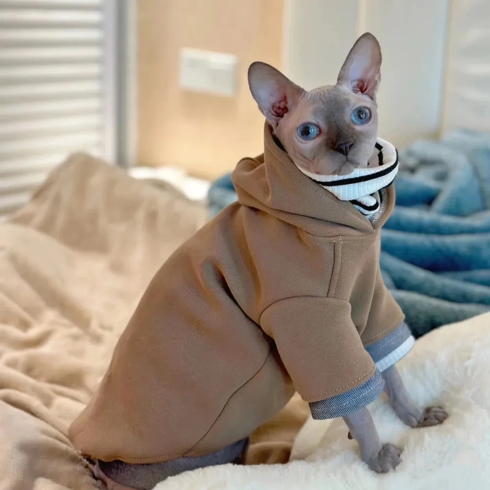 Warm Fleece Hooded Sweatshirt for Sphynx Cats | Winter Thick Long Sleeves Coat for Devon Rex | Soft Loungewear for Kittens