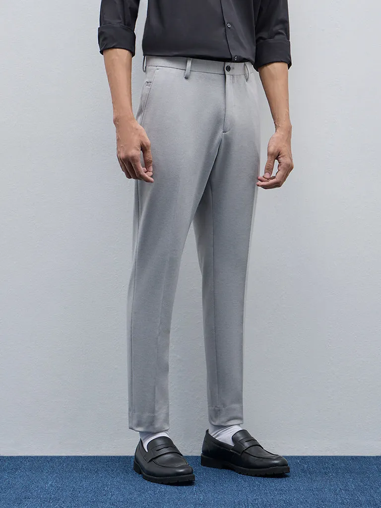 WES Formals Grey Solid Slim-Tapered Mid-Rise Trousers