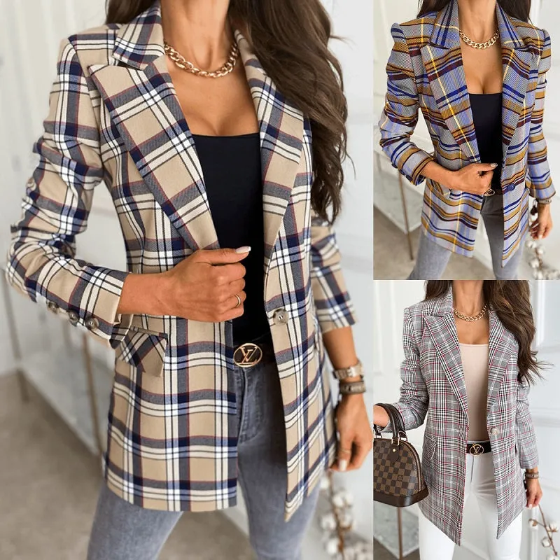 Womens Autumn Winter Long Sleeve Slim Plaid Jacket