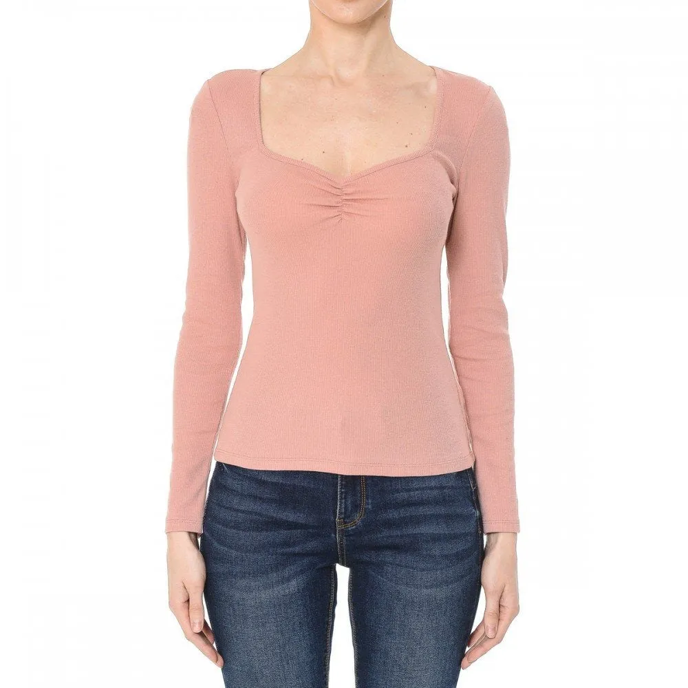 Women's Ruched Sweetheart Neck Long Sleeve Top